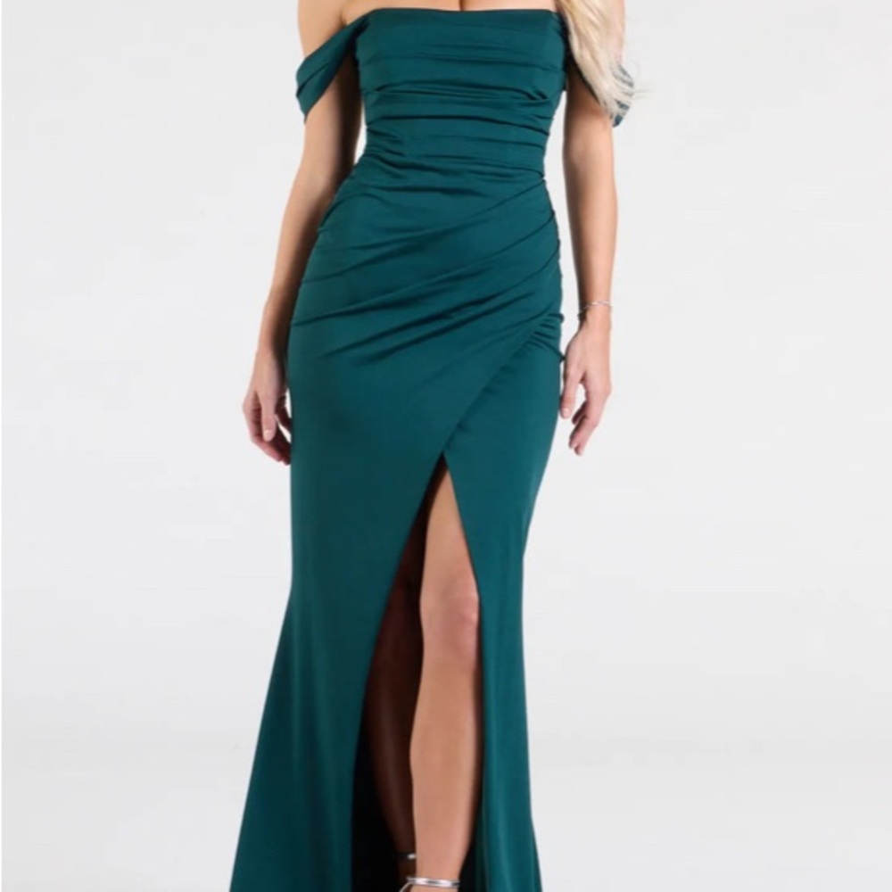 Hunter Green Ruched Slit Gown